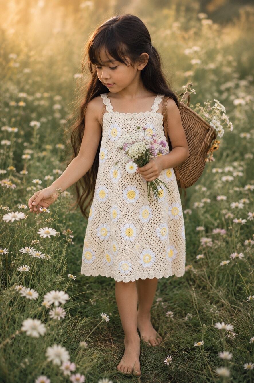Picking Daisies Crochet Knit Overlay Heirloom Blooms Dress 6
